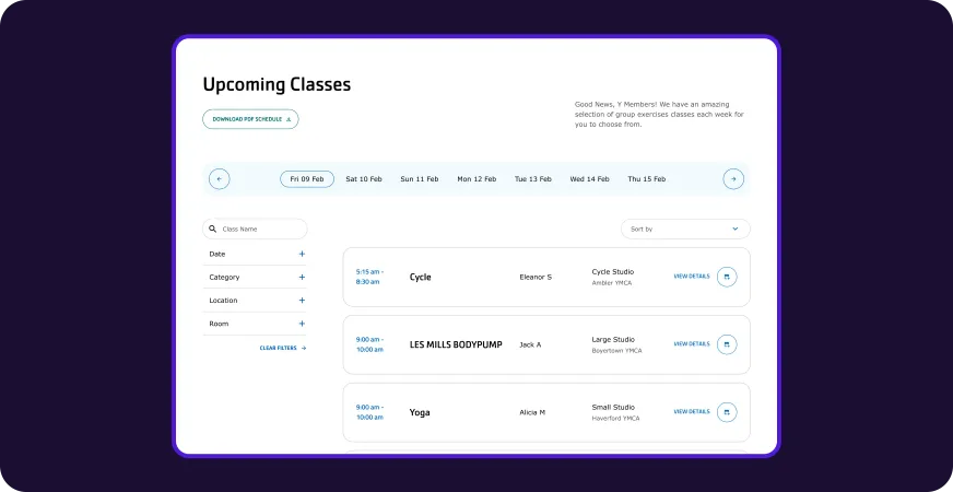 Greater Philadelphia YMCA upcoming classes schedule finder